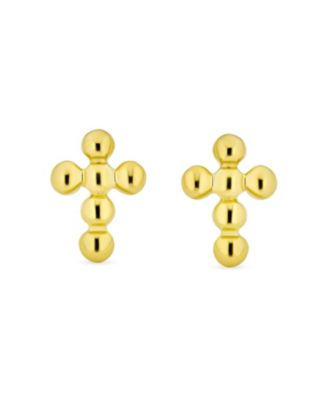 Tiny Minimalist Religious Christian Mini Ball Bubble Cross Stud Earrings 14K Yellow Gold Safety Screw back