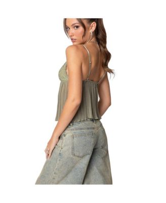 Womens Pleated Lacey Split Front Tank Top