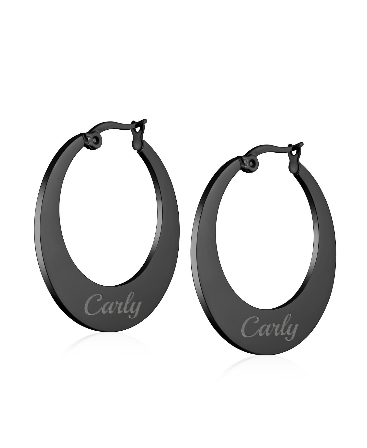 Big Flat Oval Hoop Earrings Black Plated Stainless Steel 1.25"