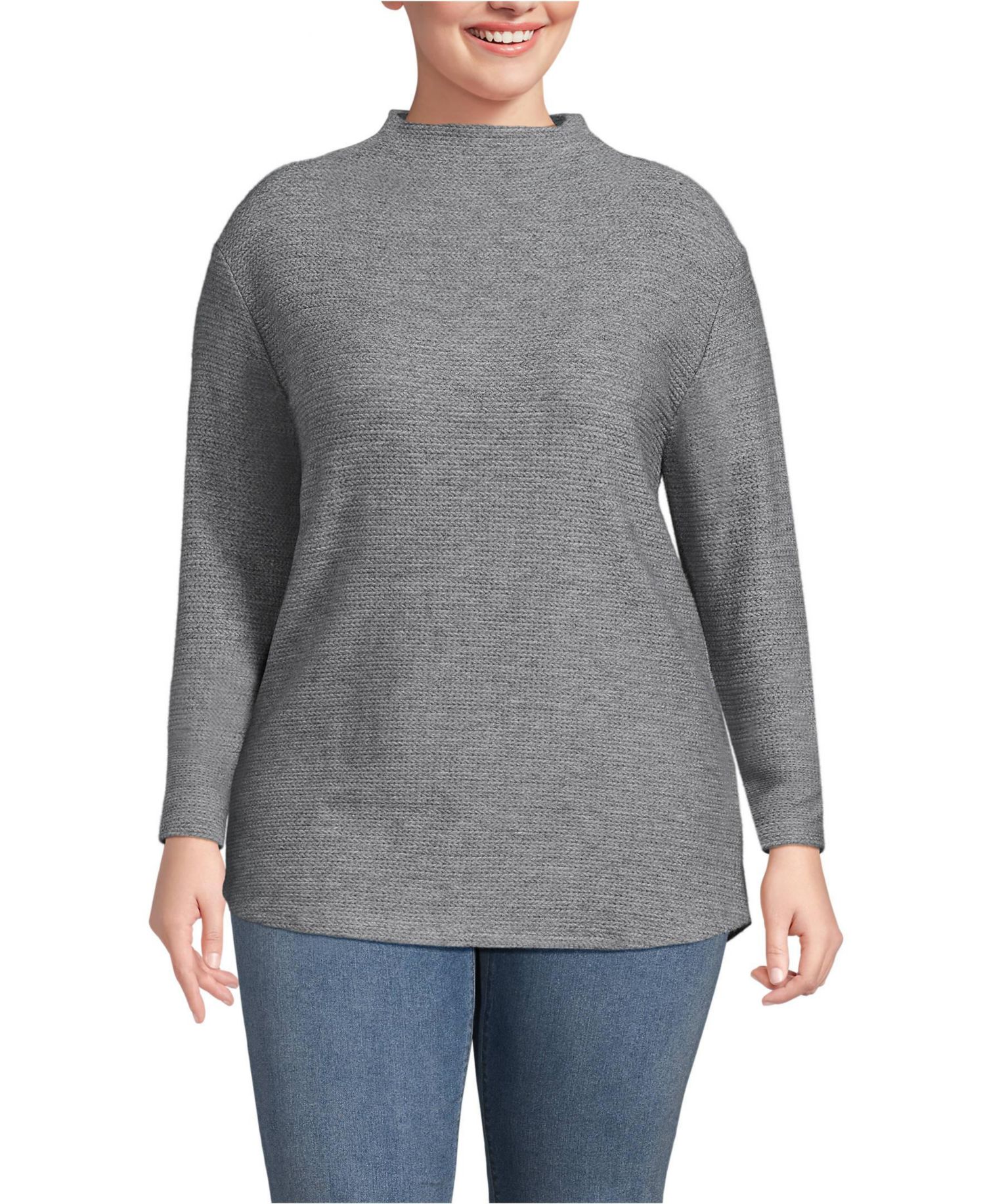 Plus Size Cable Ottoman Relaxed Long Sleeve Funnel Neck Tunic