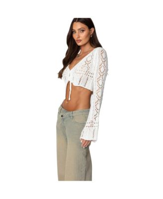 Womens Tie Front Crochet Crop Top