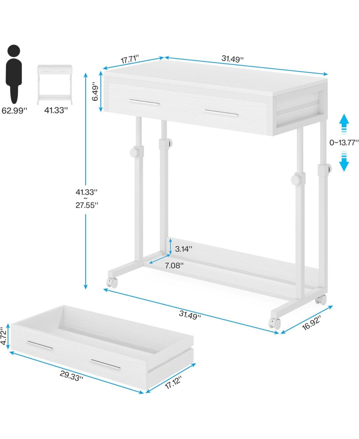 Tribesigns Portable Desk with Drawers, Mobile Laptop Desk with Wheels, Couch Desk Sofa Side Table Bed Desk, Small Standing Desk for Home Office - Whit