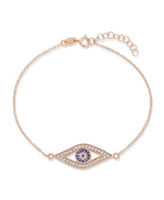 Delicate Minimalist Protection Amulet Cubic Zirconia Pave Cz Navy Blue Evil Eye Charm Bracelet Rose Gold Plated .925 Sterling Silver