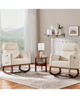 Fabric Upholstered High Back Rocking Chair with Solid Wood Legs, Side Pockets