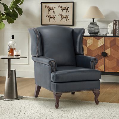 Helmuth Genuine Leather Wingback Armchair with Solid Wood Legs