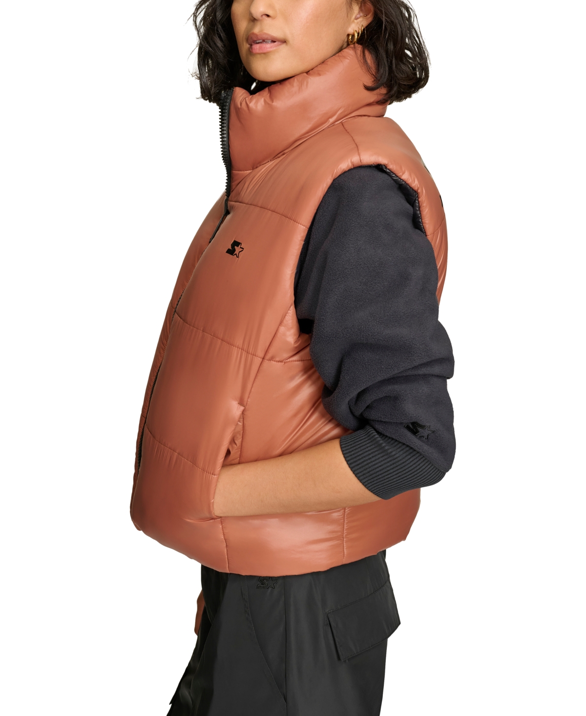Shop Starter Women's Reversible Zip-front Puffer Vest In Black,tan