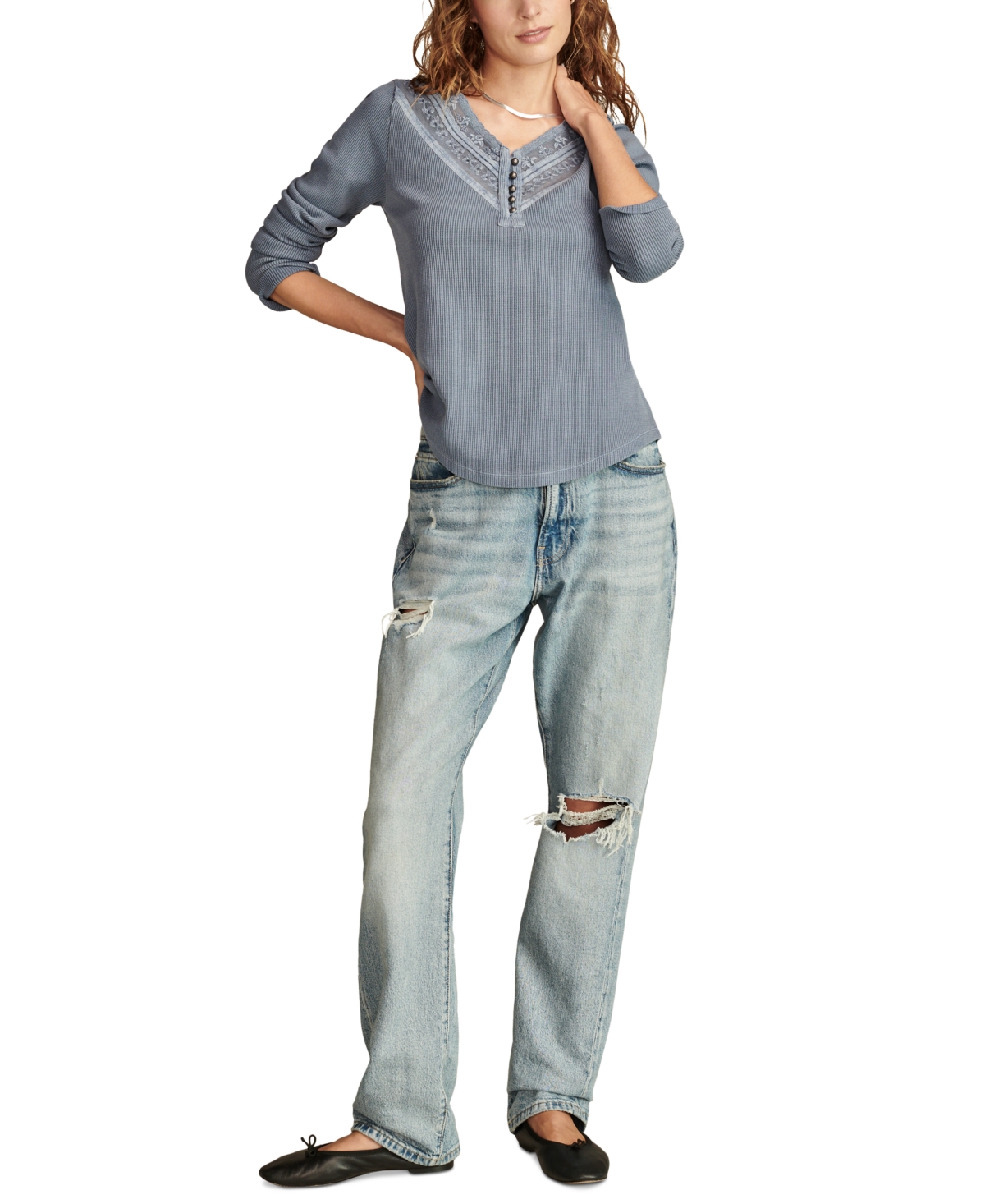 Lucky Brand Women's Embroidered Mesh Henley Top