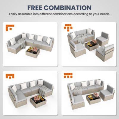 Gray 7-Piece Wicker Outdoor Sectional Set with Coffee Table and Cushions