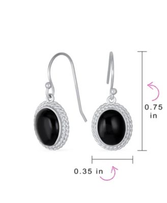 Western Style Black Natural Onyx Milgrain Cable Edge Oval Drop Earrings Sterling Silver Wire Fish Hook