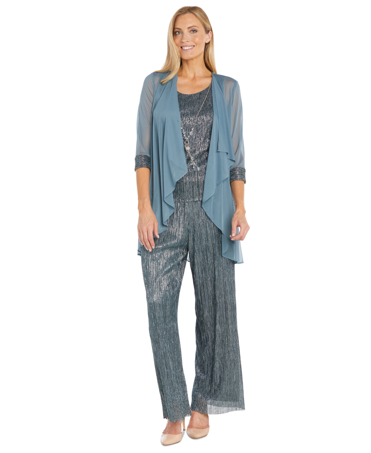 R & M Richards Women's 3-Pc. Crinkle Metallic Top & Pants and Sheer Jacket