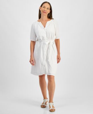 Style & Co - Petite Cotton Belted Button-Front A-Line Dress