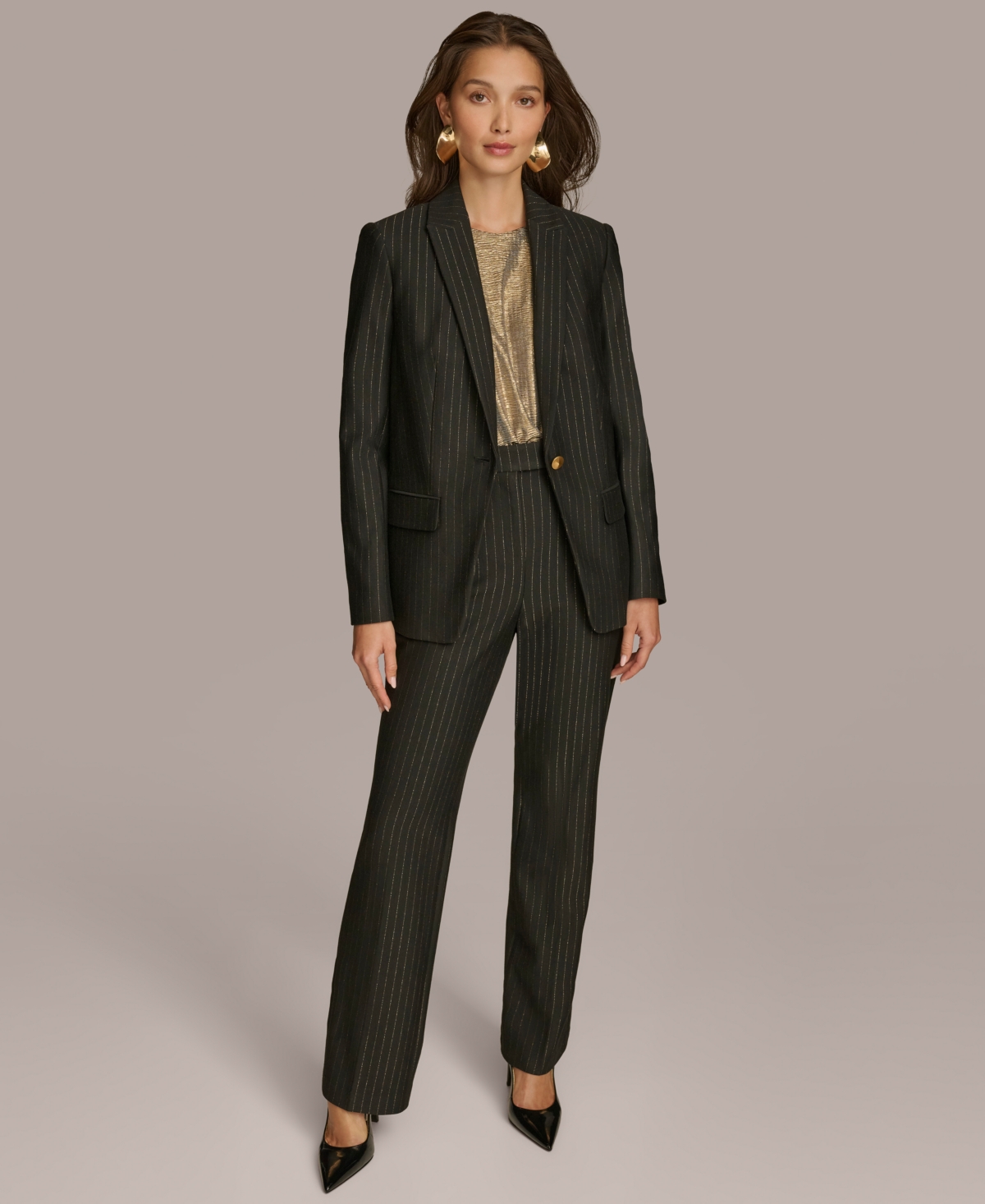 Donna Karan New York Women's Metallic Pinstripe One-Button Blazer -gold