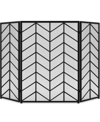 52x31in 3-Panel Iron Chevron Fireplace Screen, Spark Guard w/ Handles