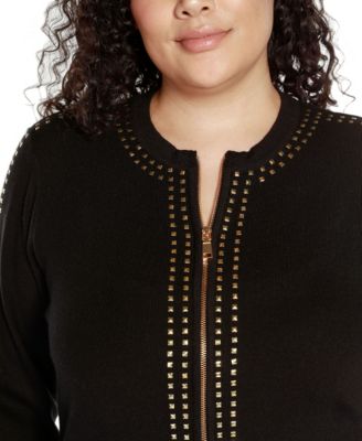 Black Label Plus Size Crewneck Embellished Zip Cardigan Sweater