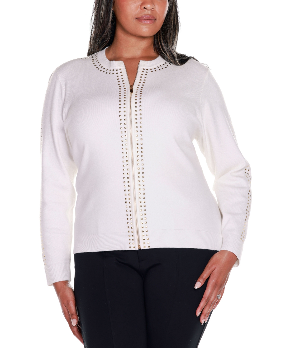 Belldini Black Label Plus Size Crewneck Embellished Zip Cardigan Sweater In Winter White,gold
