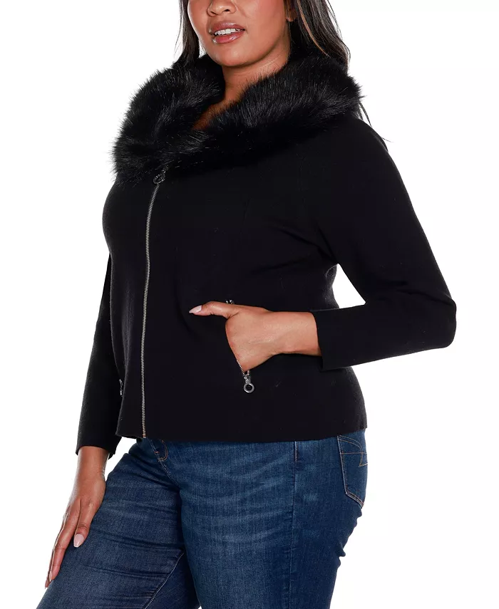 Black Label Plus Size Polyester Collar Short Zip Cardigan Sweater - thumbnail 7