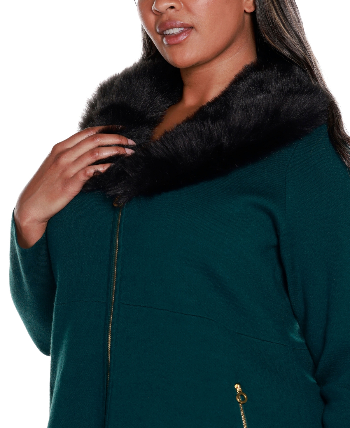 Belldini Black Label Plus Size Faux Fur Collar Cardigan -Black