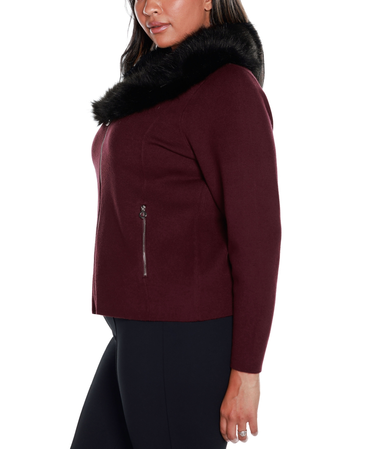 Belldini Black Label Plus Size Polyester Collar Short Zip Cardigan Sweater -Pewter