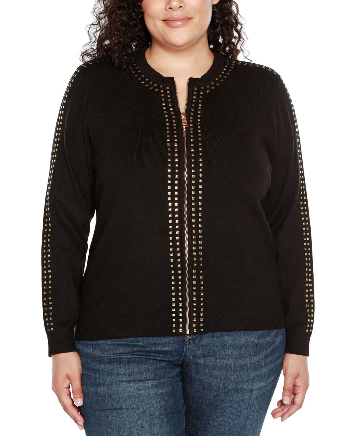 Black Label Plus Size Crewneck Embellished Zip Cardigan Sweater - Black/Gold