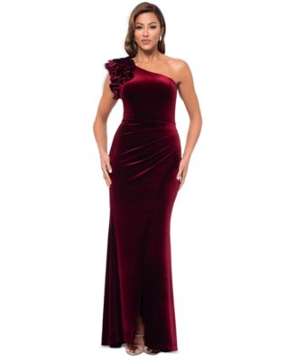 XSCAPE - Women's One-Shoulder Ruffle-Trim Velvet Gown