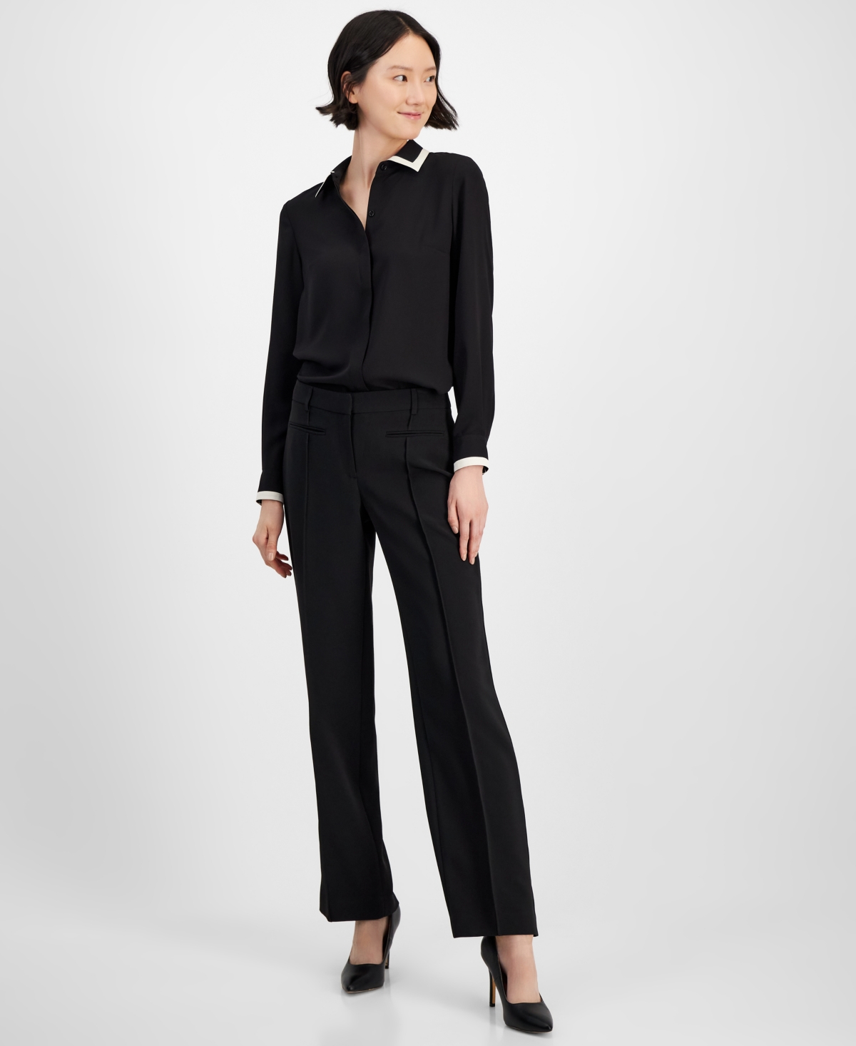 Shop Anne Klein Women's Contrast-trim Button-front Blouse In Anne Black