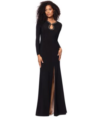 XSCAPE - Women's Embellished Keyhole-Neck Long-Sleeve Gown