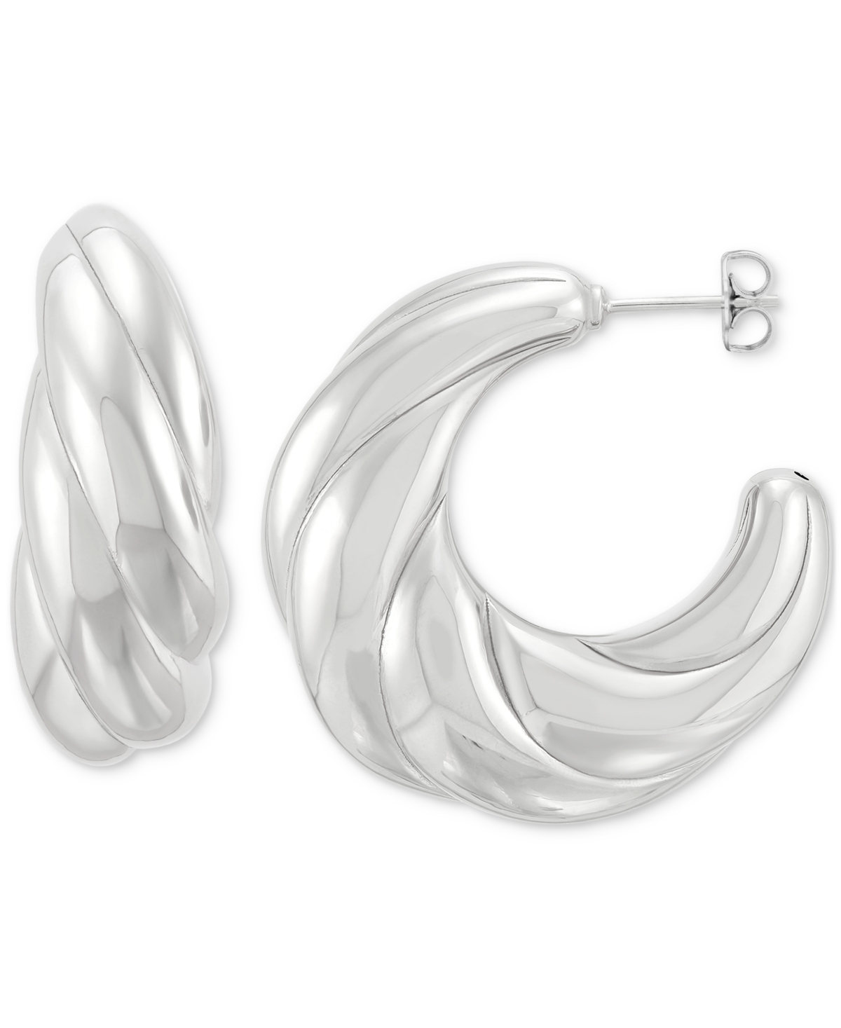 Macy's Polished Shrimp Style Medium Hoop Earrings In Sterling Silver, 1.3" In Silver