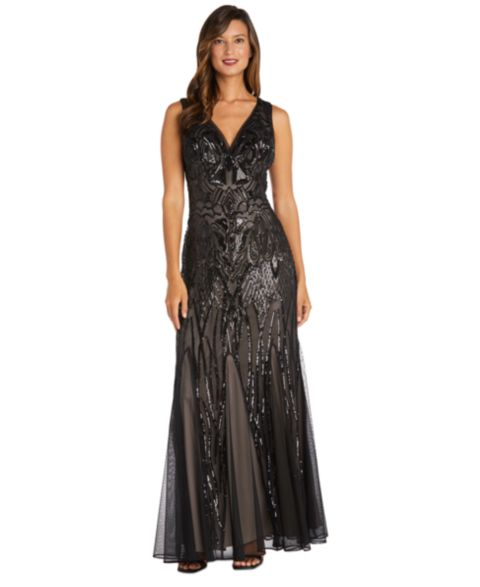 Женские платья R & M Richards Petite Sequined-Pattern Evening Gown, цвет: Чёрный телесный