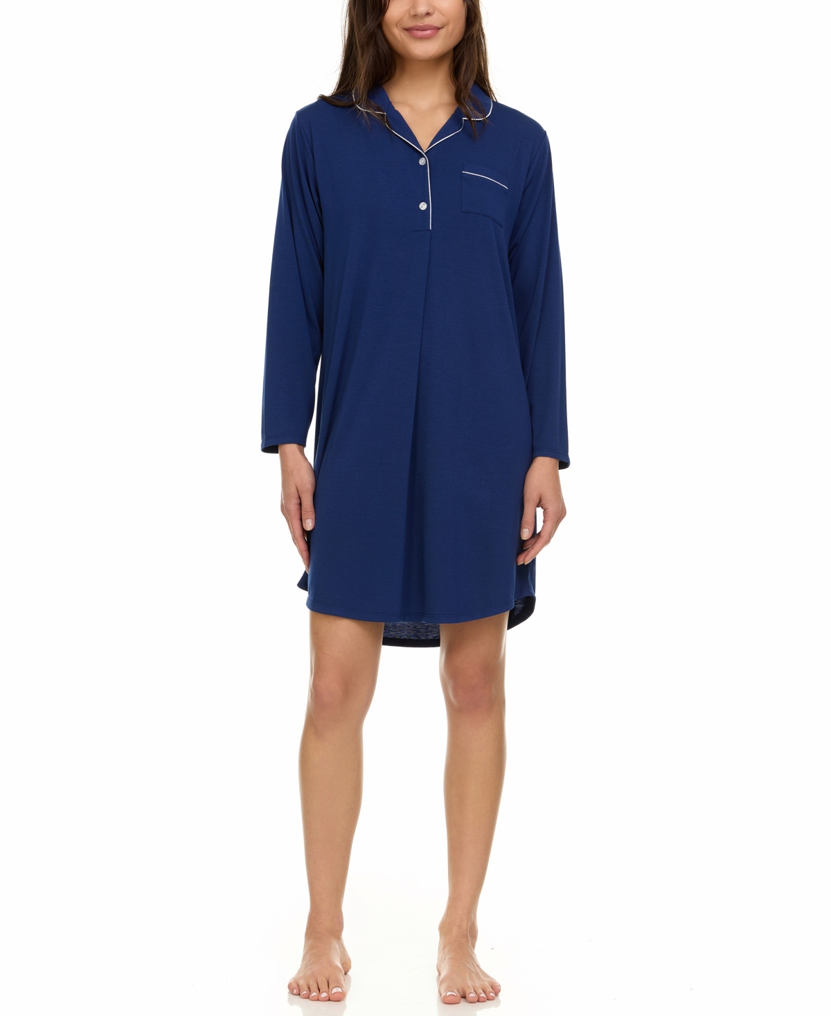 Flora By Flora Nikrooz Women's Deborah Long Sleeve Notch Knit Sleepshirt Nightgown In Midnight