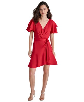 DKNY - Women's Flutter-Sleeve Faux-Wrap Dress