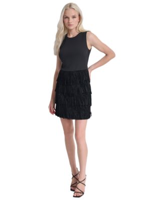 DKNY Women's Textured Tiered Shift offers Dress - Navy 6