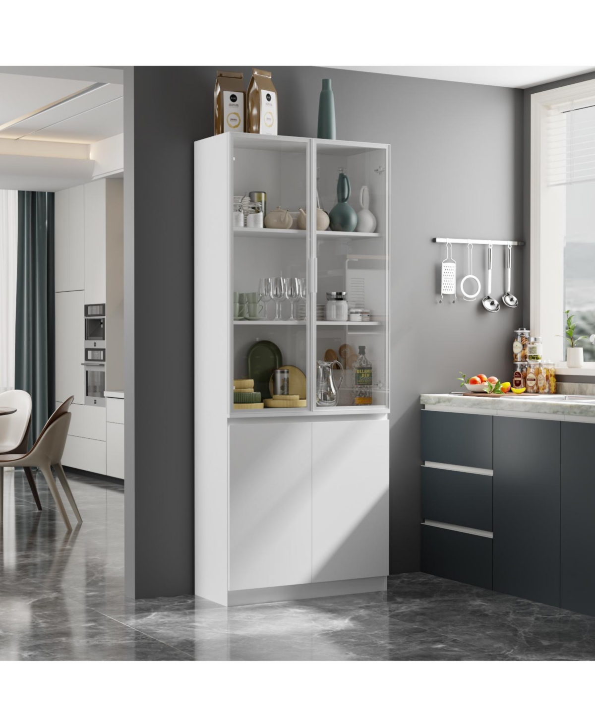 Famapy White Wood Accent Storage Cabinet With Tempered Glass Doors