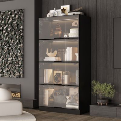 White Wood 4-Shelf Bookcase with Doors and 3-Color LED Lights