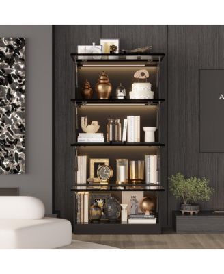 White Wood 4-Shelf Bookcase with Doors and 3-Color LED Lights