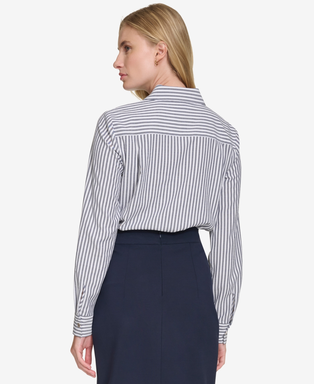 Tommy Hilfiger Women's Strip-print Button-front Shirt In Mdnght,ivr