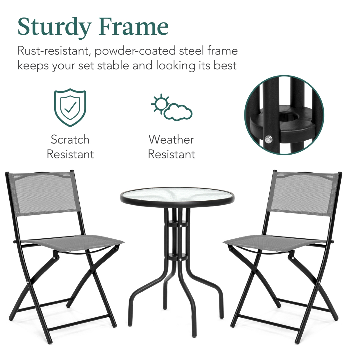 Best Choice Products 3-Piece Patio Bistro Dining Furniture Set w/ Round Textured Glass Tabletop, Folding Chairs