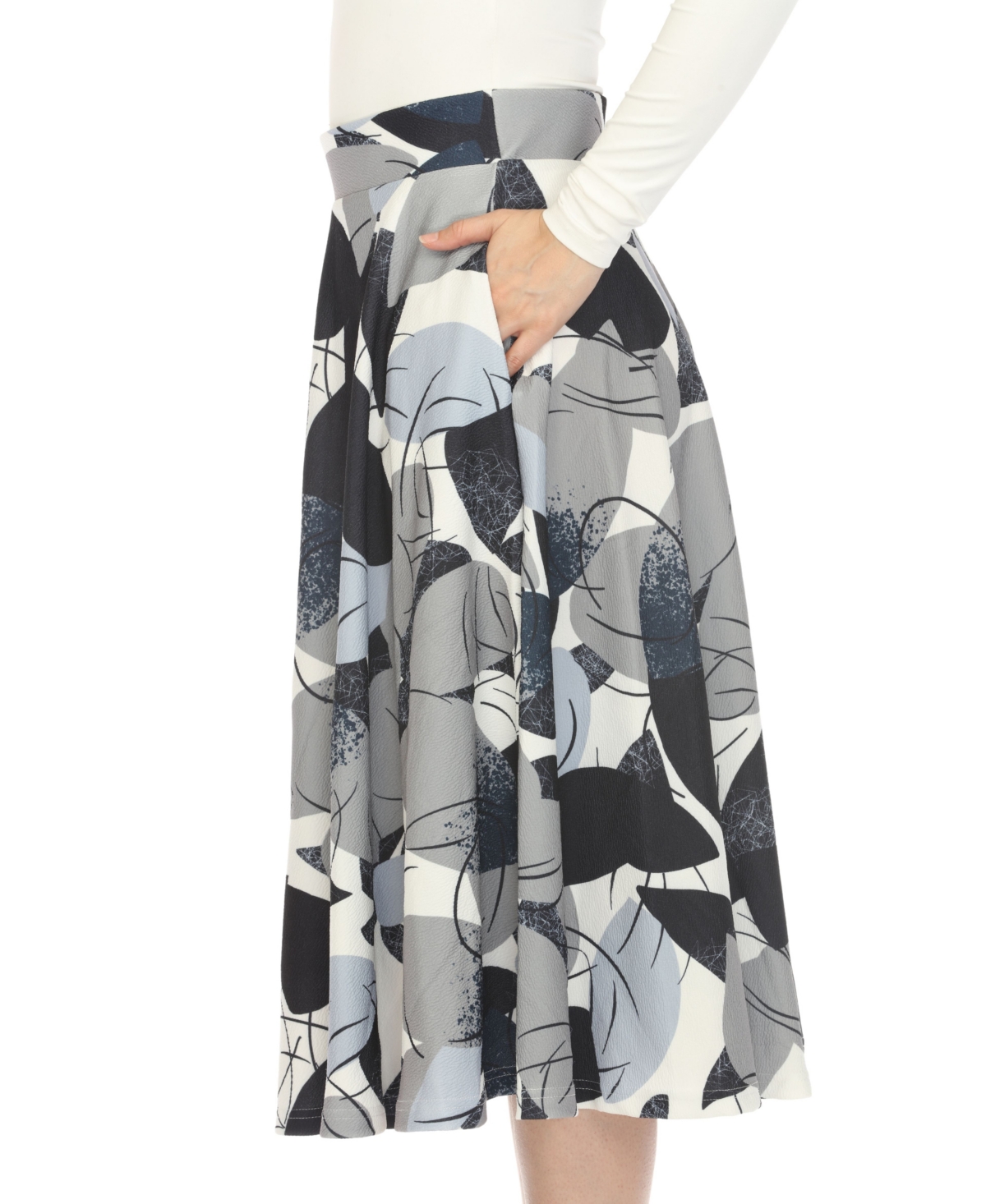 White Mark Women's Leaf Print Vintage Flared Midi Skirt In Navy