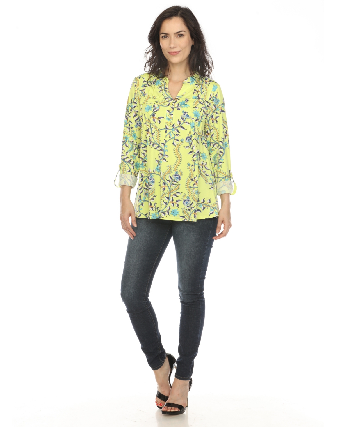 White Mark Women's Paisley Button Front Tunic Top In Lime