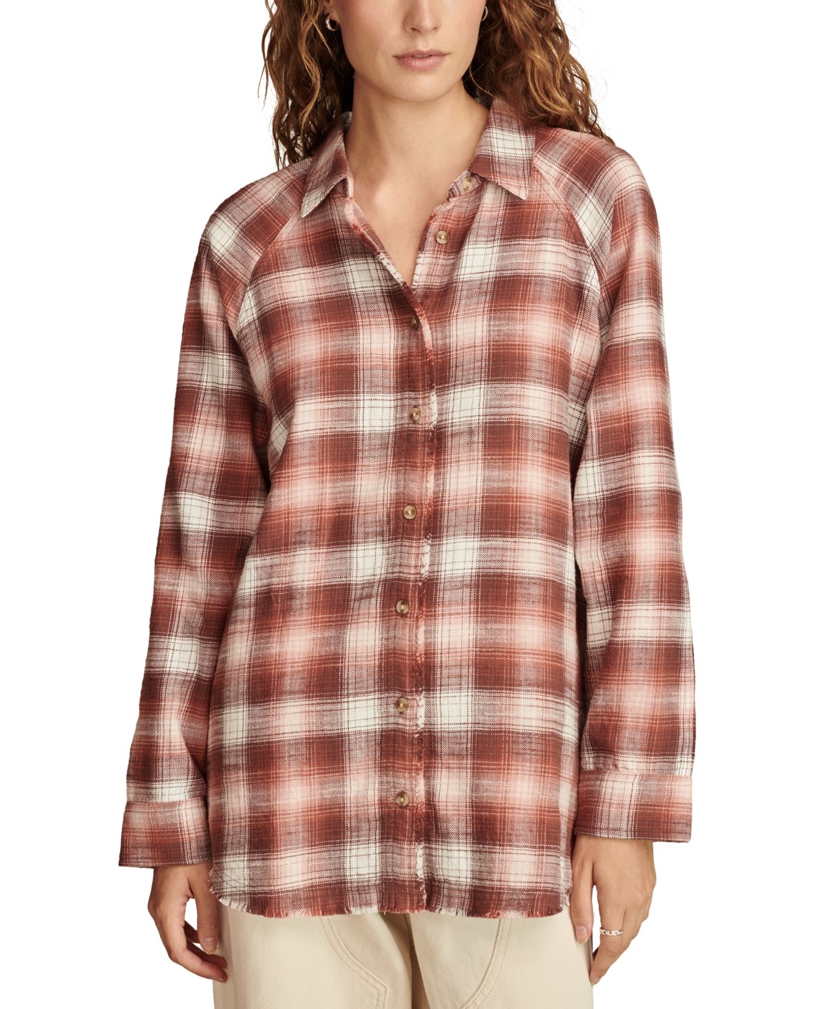 Shop Lucky Brand Women's Plaid Button-down Long-sleeve Tunic Shirt In Brown Plaid