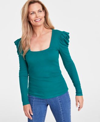 I.N.C. International Concepts - Women's Puff-Sleeve Square-Neck Ribbed Top