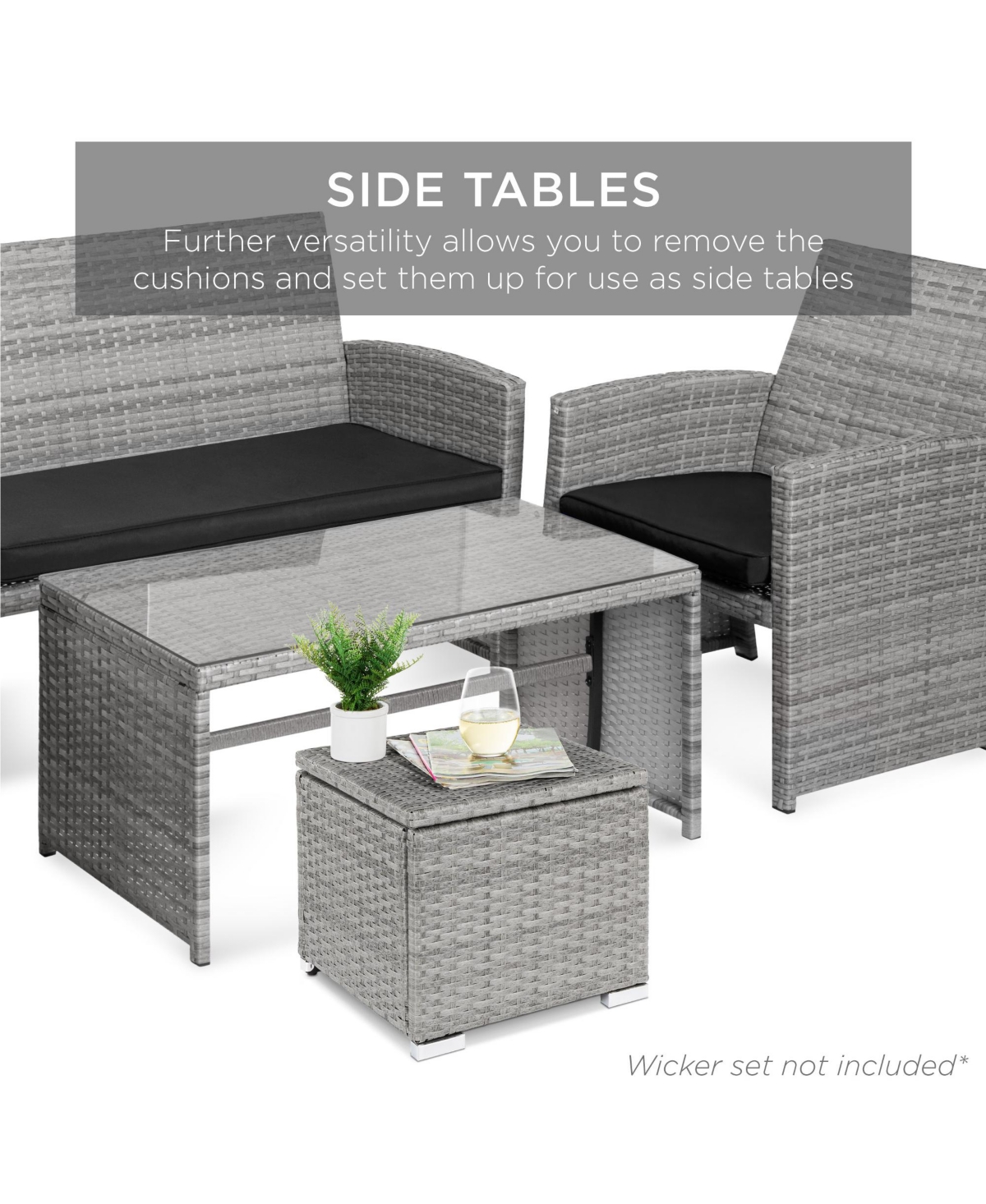 Best Choice Products Set of 2 Wicker Ottomans, Multipurpose Furniture w/ Removable Cushions, Steel Frame -black