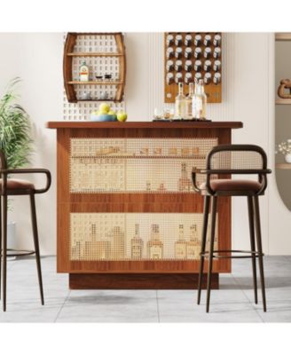 Rattan Home Bar Unit, Farmhouse 4-Tier Bar Table with 4 Stemware Racks and Heightened Base, Caramel Brown