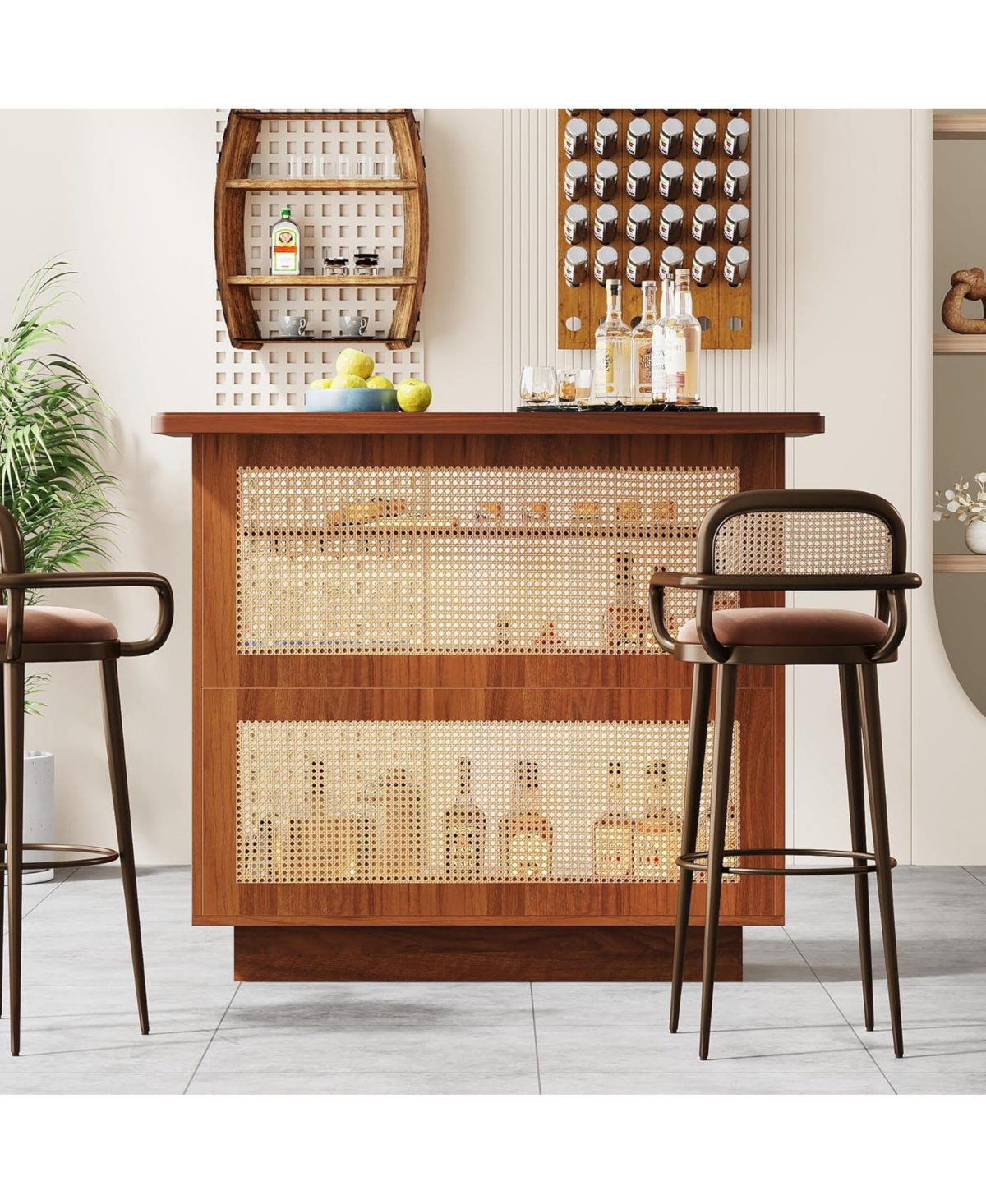 Tribesigns Rattan Home Bar Unit, Farmhouse 4-Tier Bar Table with 4 Stemware Racks and Heightened Base,- Caramel brown
