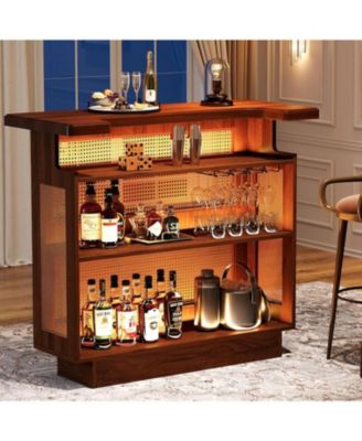 Rattan Home Bar Unit, Farmhouse 4-Tier Bar Table with 4 Stemware Racks and Heightened Base, Caramel Brown