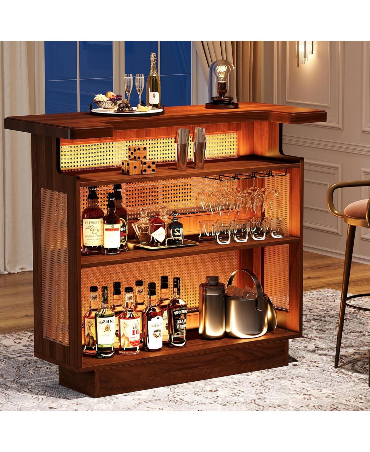 Tribesigns Rattan Home Bar Unit, Farmhouse 4-Tier Bar Table with 4 Stemware Racks and Heightened Base,- Caramel brown