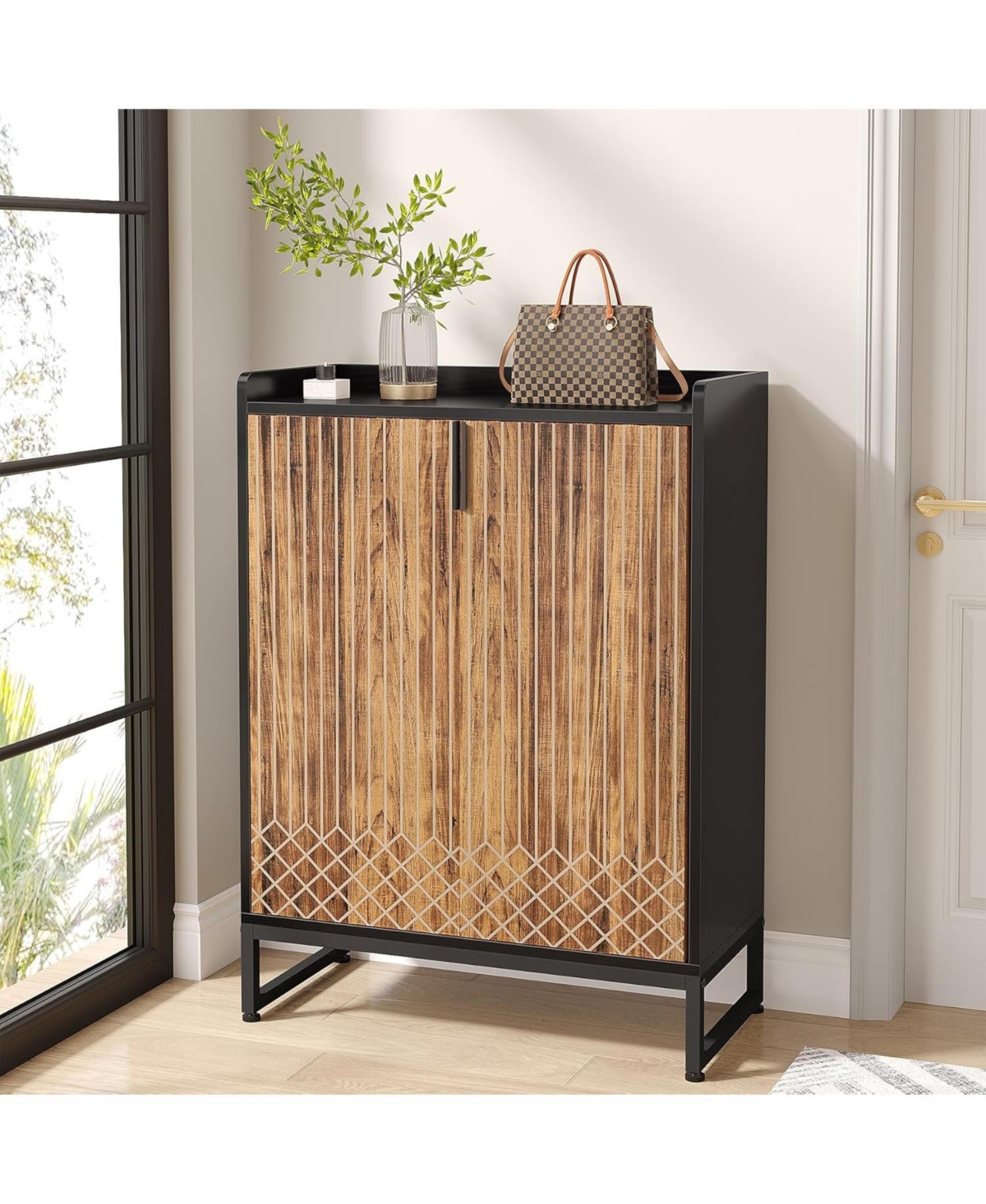 Tribesigns 25 Pair Shoe Cabinets with Doors, 5-tier Modern Shoe Rack Organizer Cabinet, Freestanding Wood Storage Cabinet for Bedroom Hallway Living R