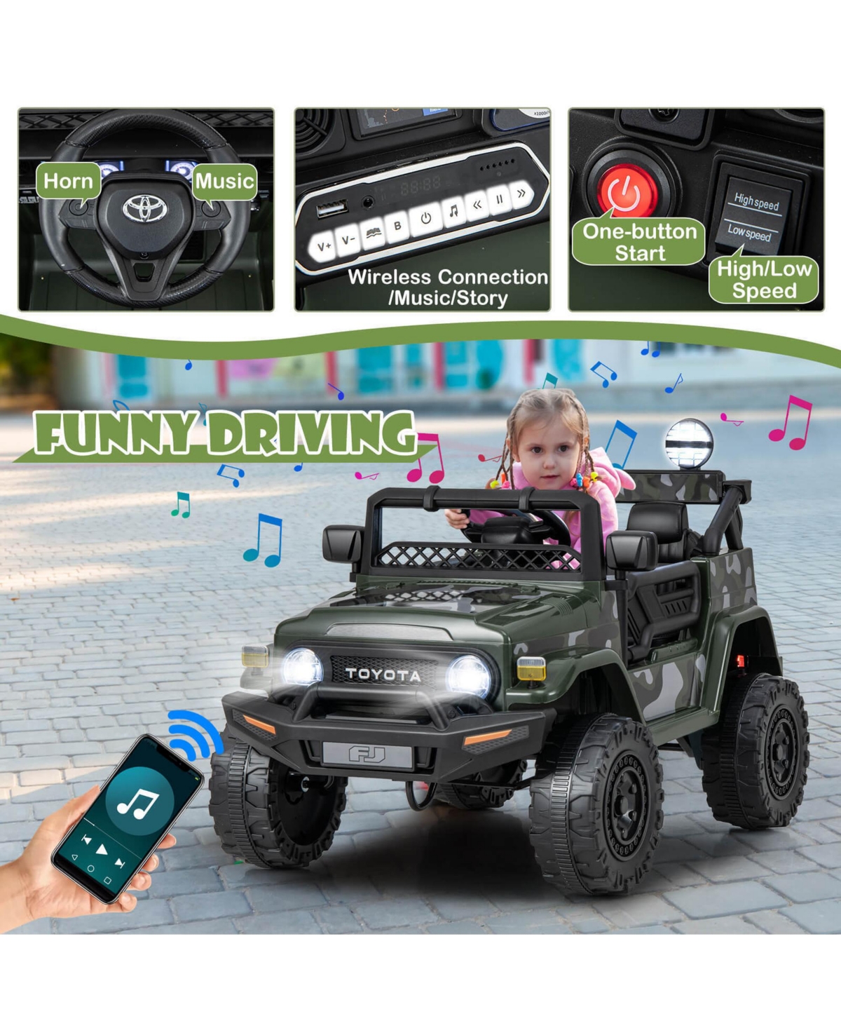 Gymax Licensed Toyota Fj Toddler Ride on Car 12V Battery Powered Kids Truck Camo - Dark green+black
