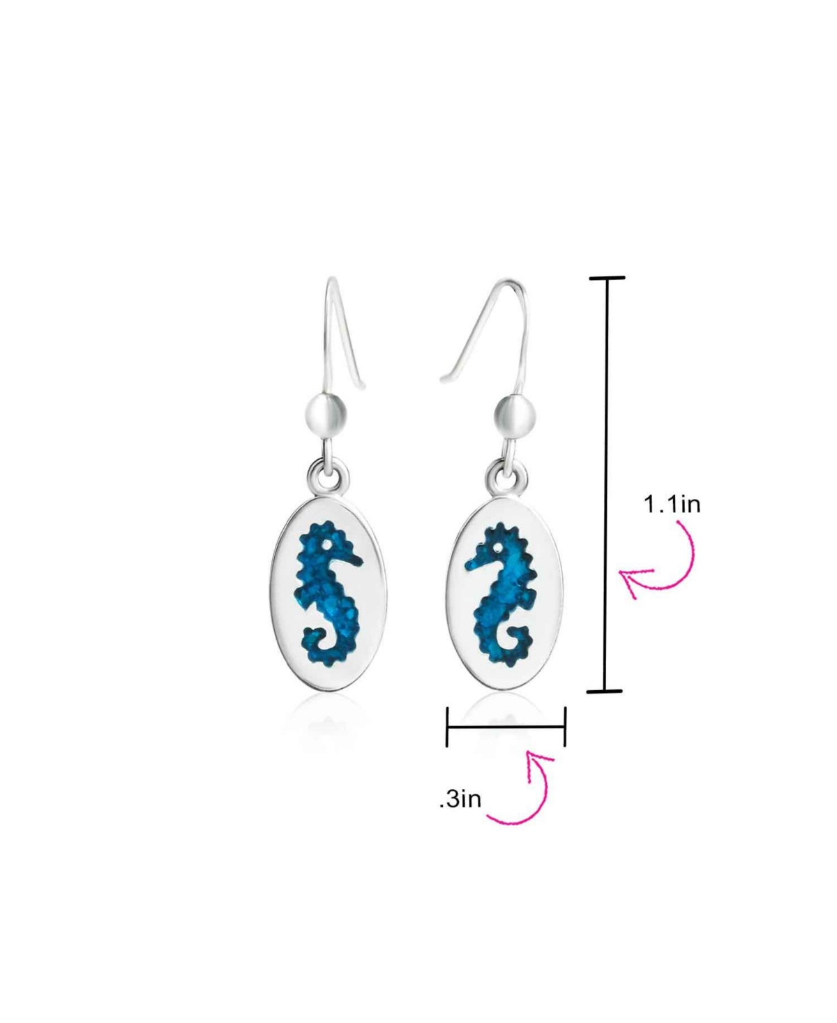 Bling Jewelry Sea Animal Nautical Beach Vacation Inlay Enamel Blue Oval Seahorse Dangling Earrings For Women .925 Sterling Silver Fish Hook - Silver b