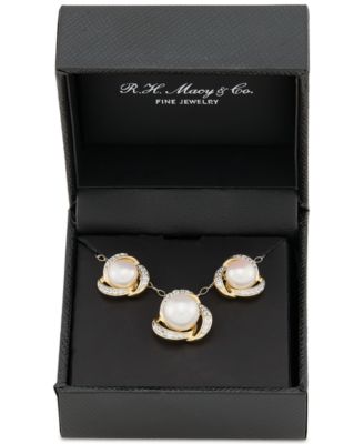 2-Pc. Set Cultured Freshwater Button Pearl (7 & 8mm) & Lab Created White Sapphire (3/8 ct. t.w.) Love Knot Pendant Necklace & Matching Stud Earrings in 14k Gold-Plated Sterling Silver