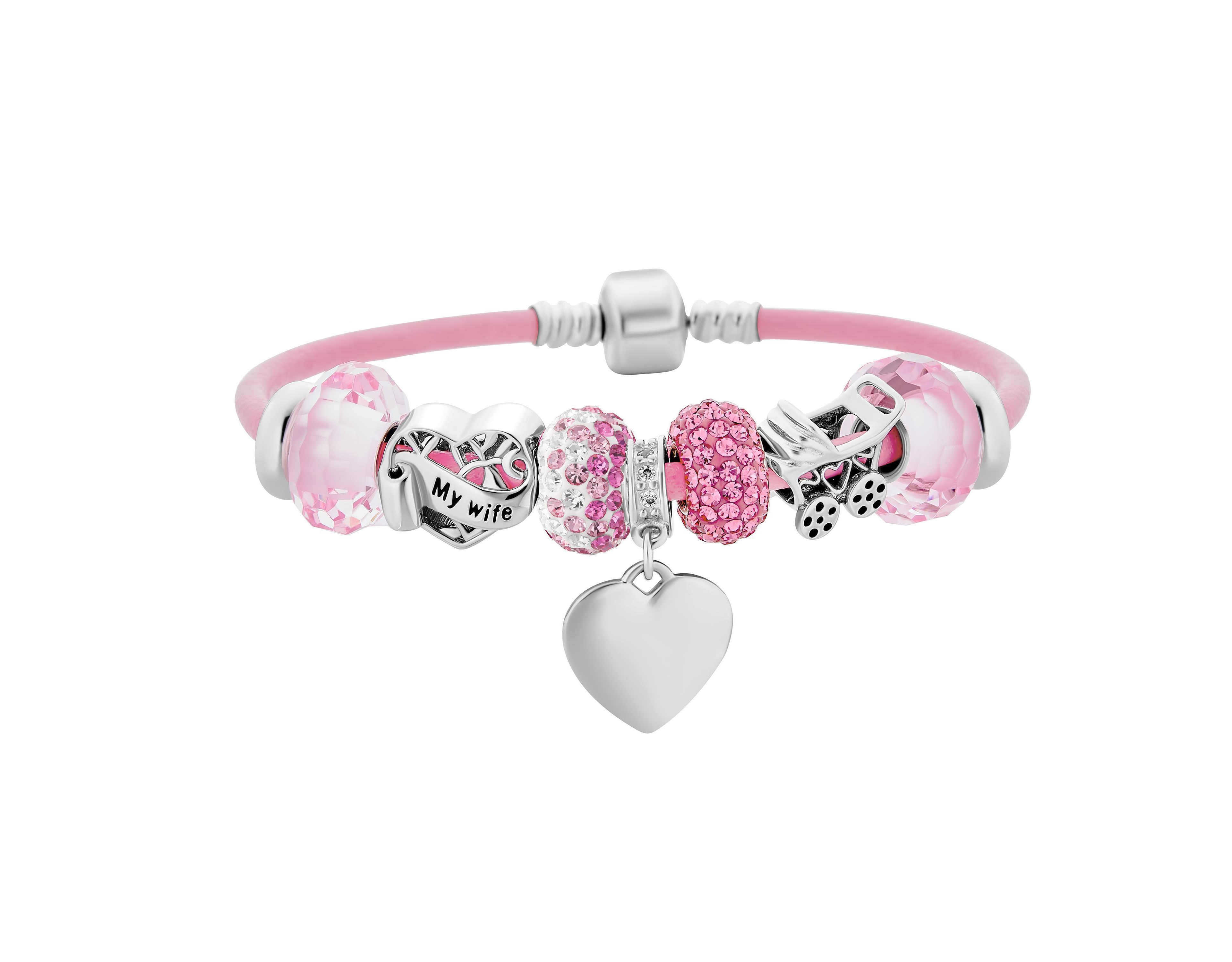 Bling Jewelry My Wife Heart Charm Bracelet Pink Leather Sterling Silver Beads 6.5-8.5 Inch